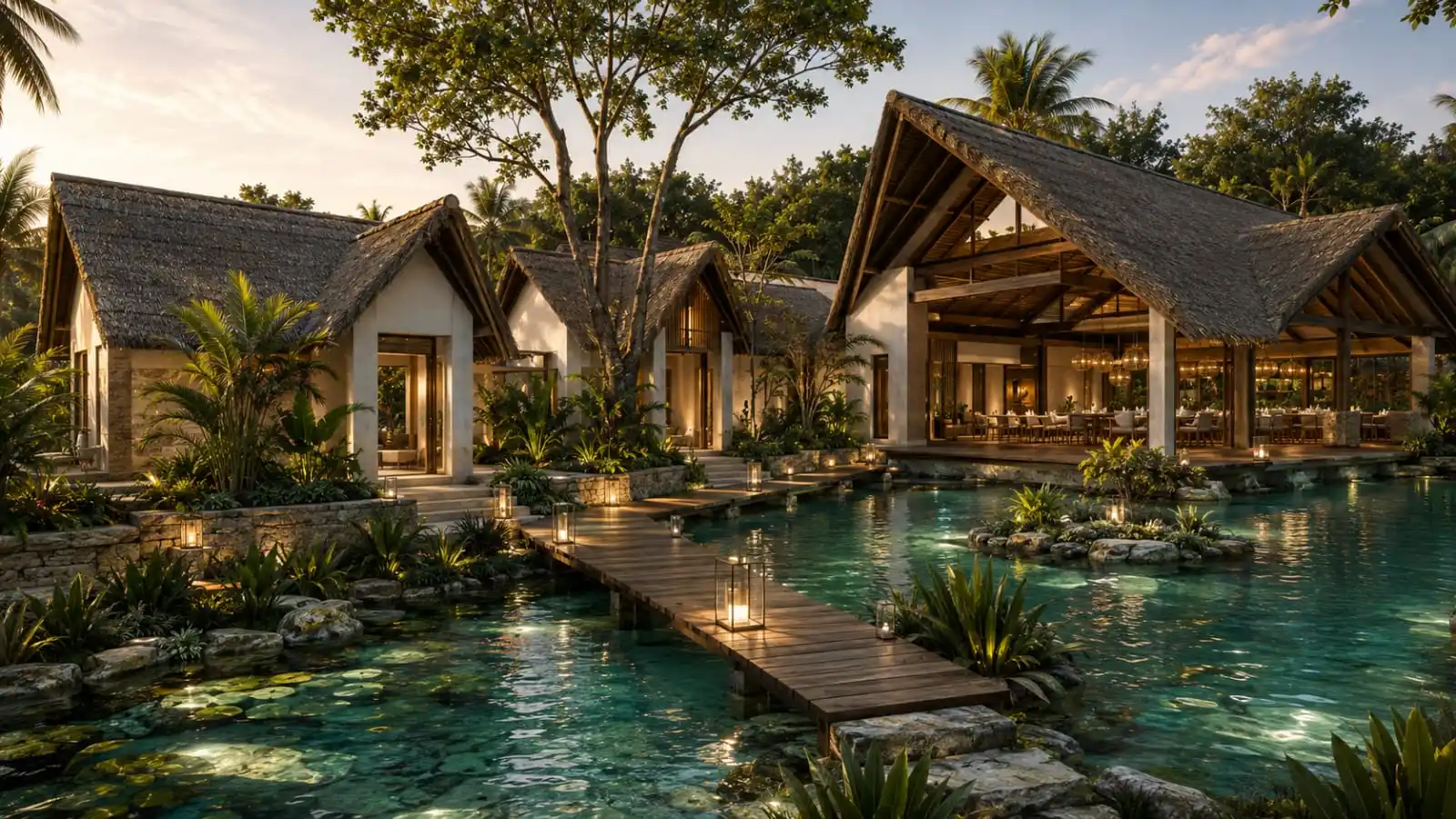 Twilight view of the Kushukuru villas and clubhouse with lit boardwalk and reflecting pools