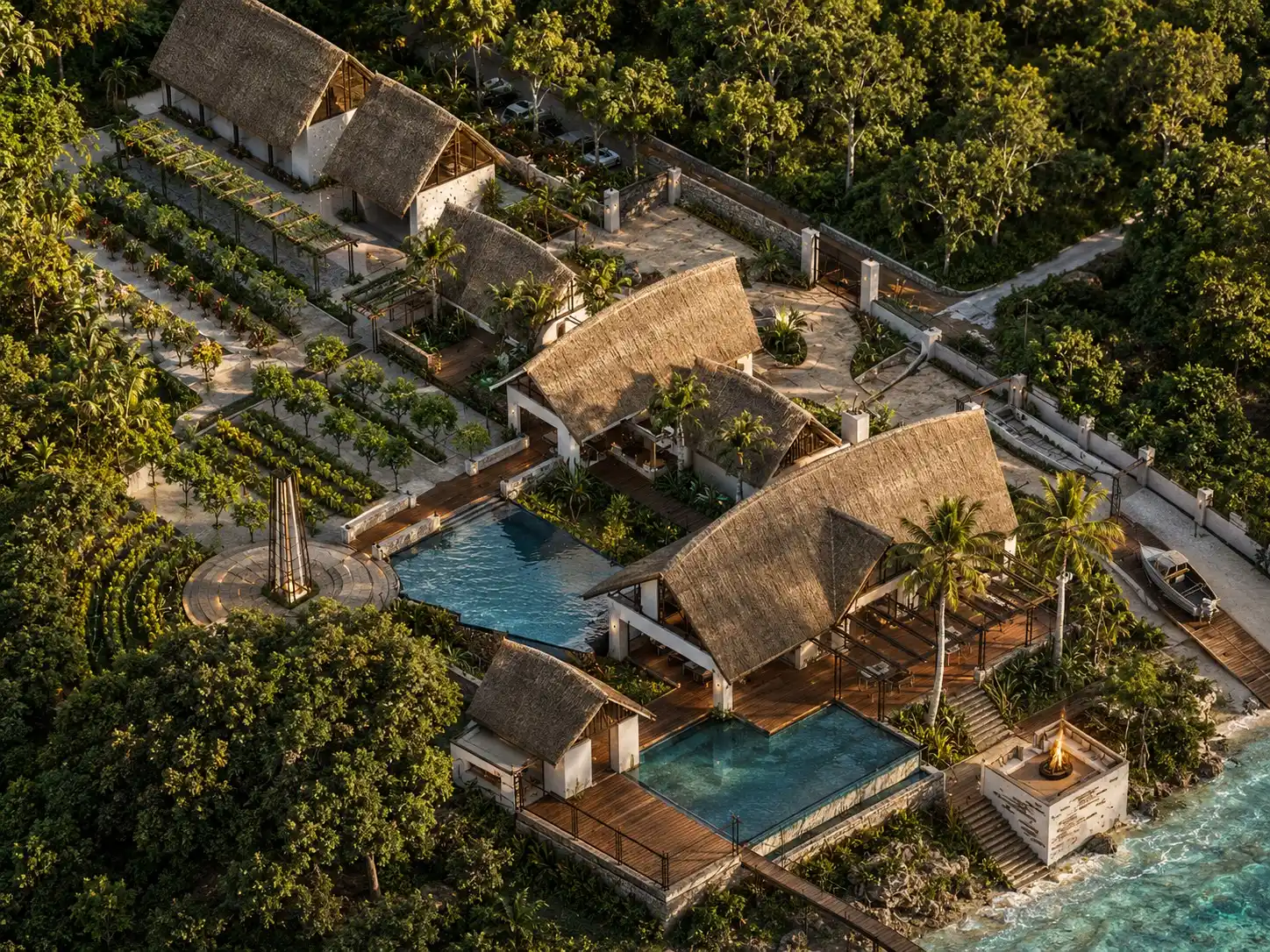 Aerial render of the Kushukuru Pemba site showing villas, pools, productive gardens and coastline